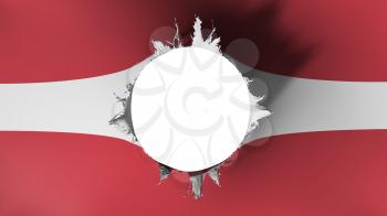 Hole cut in the flag of Latvia, white background, 3d rendering