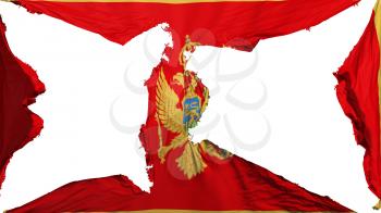Destroyed Montenegro flag, white background, 3d rendering