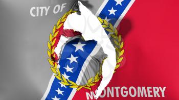 Damaged Montgomery city, capital of Alabama state flag, white background, 3d rendering