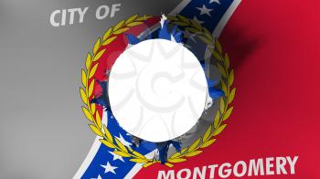 Hole cut in the flag of Montgomery city, capital of Alabama state, white background, 3d rendering