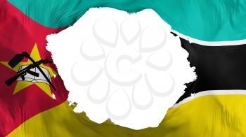 Broken Mozambique flag, white background, 3d rendering
