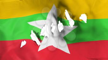 Myanmar flag perforated, bullet holes, white background, 3d rendering