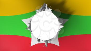 Hole cut in the flag of Myanmar, white background, 3d rendering