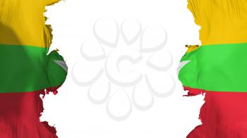 Blasted Myanmar flag, against white background, 3d rendering
