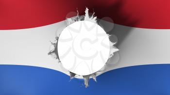 Hole cut in the flag of Netherlands, white background, 3d rendering