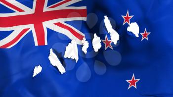 New Zealand flag perforated, bullet holes, white background, 3d rendering
