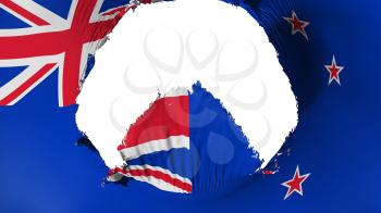 Big hole in New Zealand flag, white background, 3d rendering