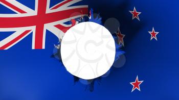 Hole cut in the flag of New Zealand, white background, 3d rendering