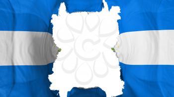 Ripped Nicaragua flying flag, over white background, 3d rendering