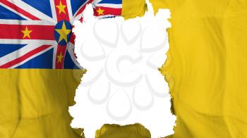 Ripped Niue flying flag, over white background, 3d rendering