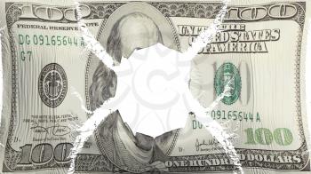 One hundred USD dollar flag with a hole, white background, 3d rendering