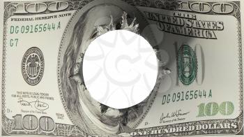 Hole cut in the flag of One hundred USD dollar, white background, 3d rendering