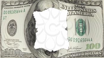 Square hole in the One hundred USD dollar flag, white background, 3d rendering