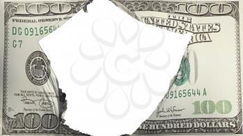 Cracked One hundred USD dollar flag, white background, 3d rendering