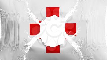 Red Cross flag with a hole, white background, 3d rendering