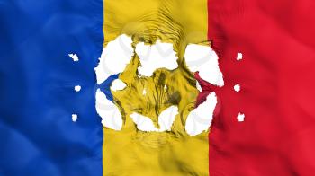 Holes in Romania flag, white background, 3d rendering