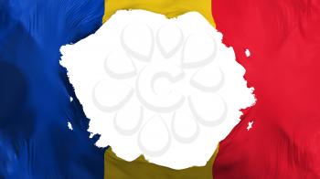 Broken Romania flag, white background, 3d rendering