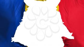 Romania flag ripped apart, white background, 3d rendering