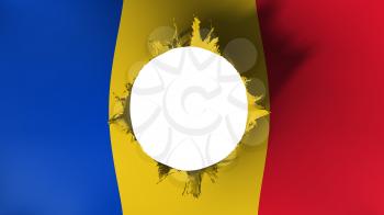 Hole cut in the flag of Romania, white background, 3d rendering