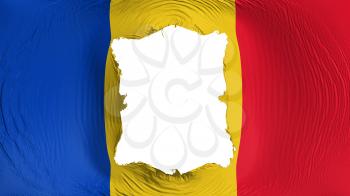 Square hole in the Romania flag, white background, 3d rendering