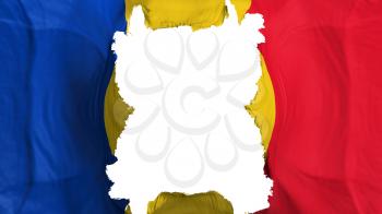 Ripped Romania flying flag, over white background, 3d rendering