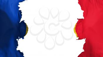 Blasted Romania flag, against white background, 3d rendering