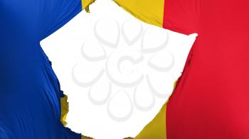 Cracked Romania flag, white background, 3d rendering