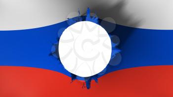 Hole cut in the flag of Russia, white background, 3d rendering