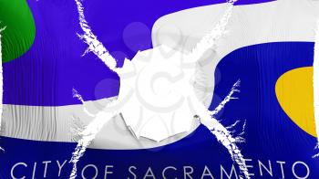 Sacramento city, capital of California state flag with a hole, white background, 3d rendering