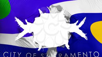 Sacramento city, capital of California state flag with a big hole, white background, 3d rendering