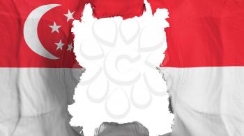 Ripped Singapore flying flag, over white background, 3d rendering