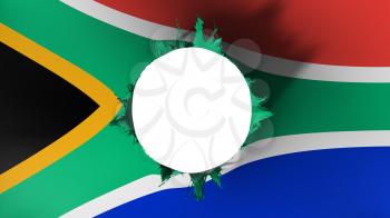 Hole cut in the flag of South Africa, white background, 3d rendering