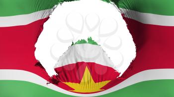 Big hole in Suriname flag, white background, 3d rendering