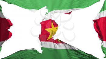 Destroyed Suriname flag, white background, 3d rendering
