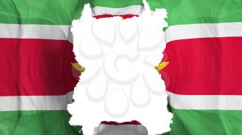 Ripped Suriname flying flag, over white background, 3d rendering