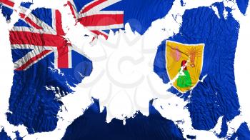 Turks and Caicos Islands torn flag fluttering in the wind, over white background, 3d rendering