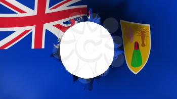 Hole cut in the flag of Turks and Caicos Islands, white background, 3d rendering
