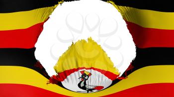 Big hole in Uganda flag, white background, 3d rendering