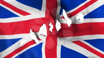 United Kingdom UK flag perforated, bullet holes, white background, 3d rendering