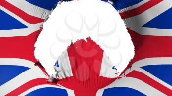 Big hole in United Kingdom UK flag, white background, 3d rendering