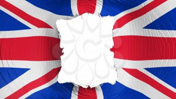 Square hole in the United Kingdom UK flag, white background, 3d rendering
