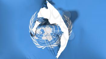 Damaged United Nations flag, white background, 3d rendering