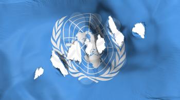 United Nations flag perforated, bullet holes, white background, 3d rendering