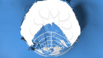 Big hole in United Nations flag, white background, 3d rendering