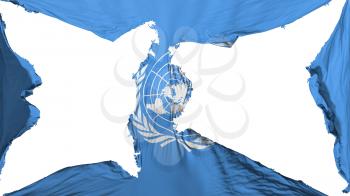Destroyed United Nations flag, white background, 3d rendering