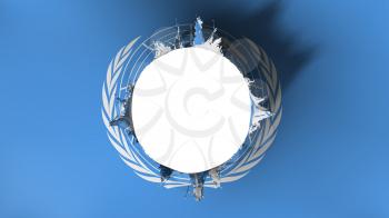 Hole cut in the flag of United Nations, white background, 3d rendering