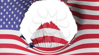 Big hole in United States of America flag, white background, 3d rendering