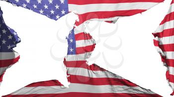 Destroyed United States of America flag, white background, 3d rendering