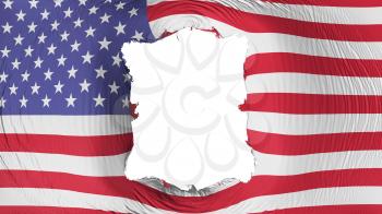 Square hole in the United States of America flag, white background, 3d rendering