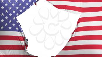 Cracked United States of America flag, white background, 3d rendering
